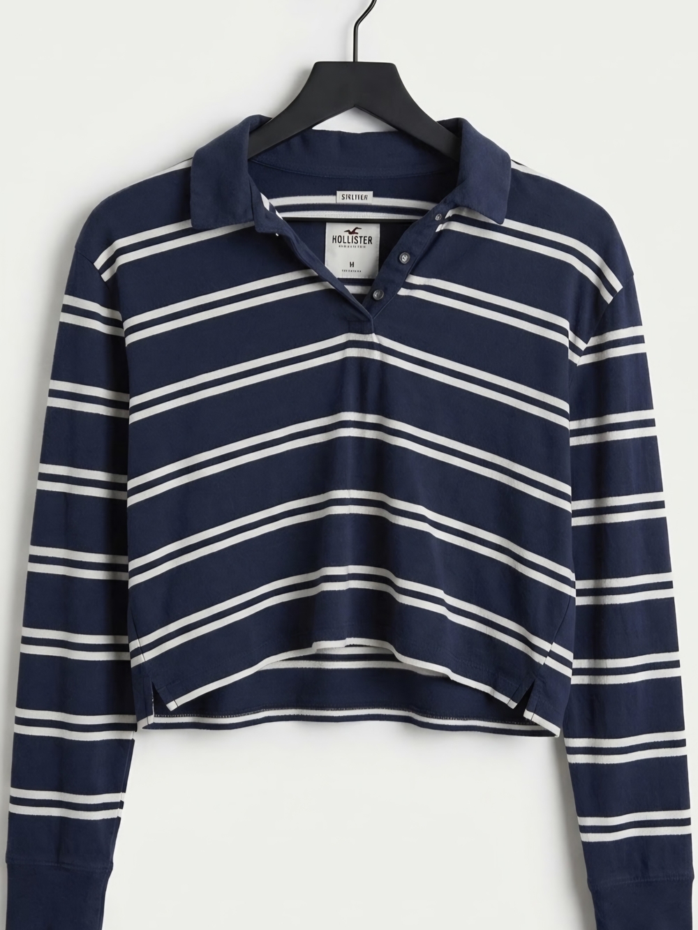 Hollister Navy & White Striped Long-Sleeve Polo